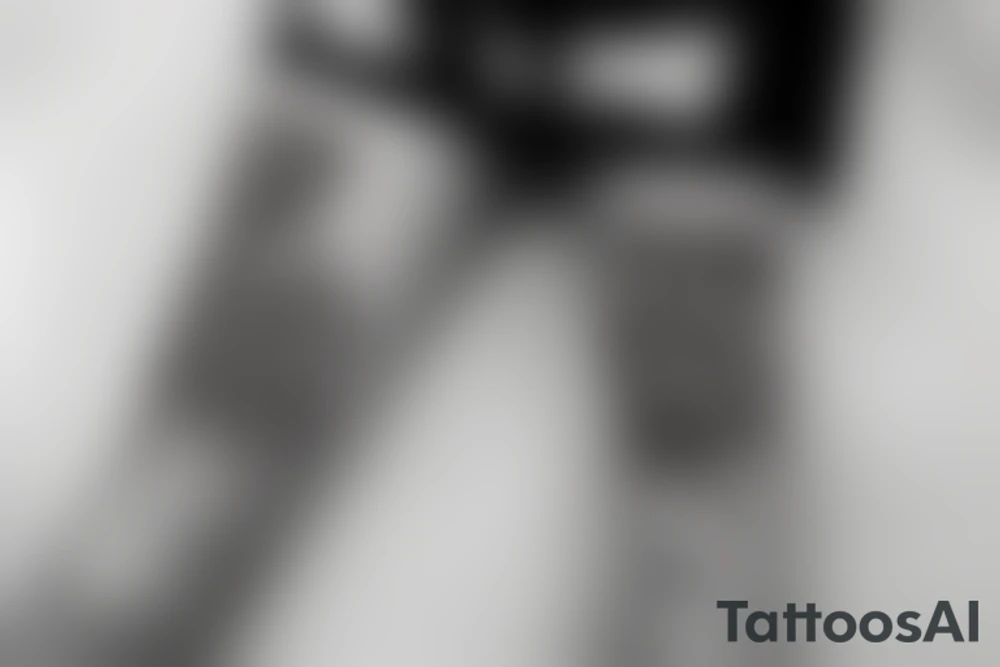 3 solid black rings around the leg, right below the knee. Fading out of the bottom ring are tons of black letters falling down towards the ankle. Hidden in the letters are the names Ashley, Brandon, Caleb, Rebekah, Isabel tattoo idea
