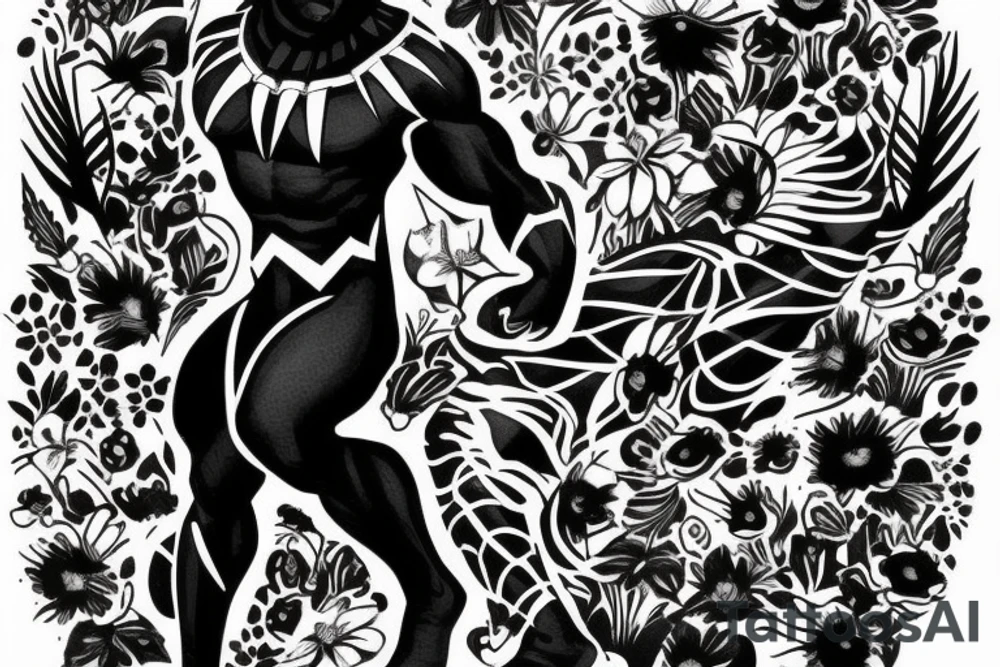 Black Panther and flowers tattoo idea