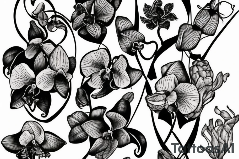 A pen and an orchid intertwined tattoo idea