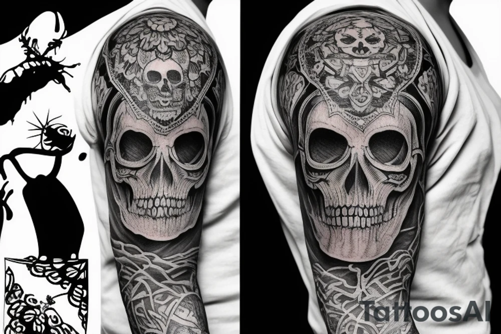 sleeve tattoo with a mean looking skull and platns around it tattoo idea