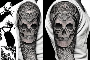 sleeve tattoo with a mean looking skull and platns around it tattoo idea