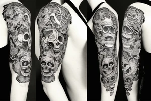 sleeve tattoo with a mean looking skull and platns around it tattoo idea