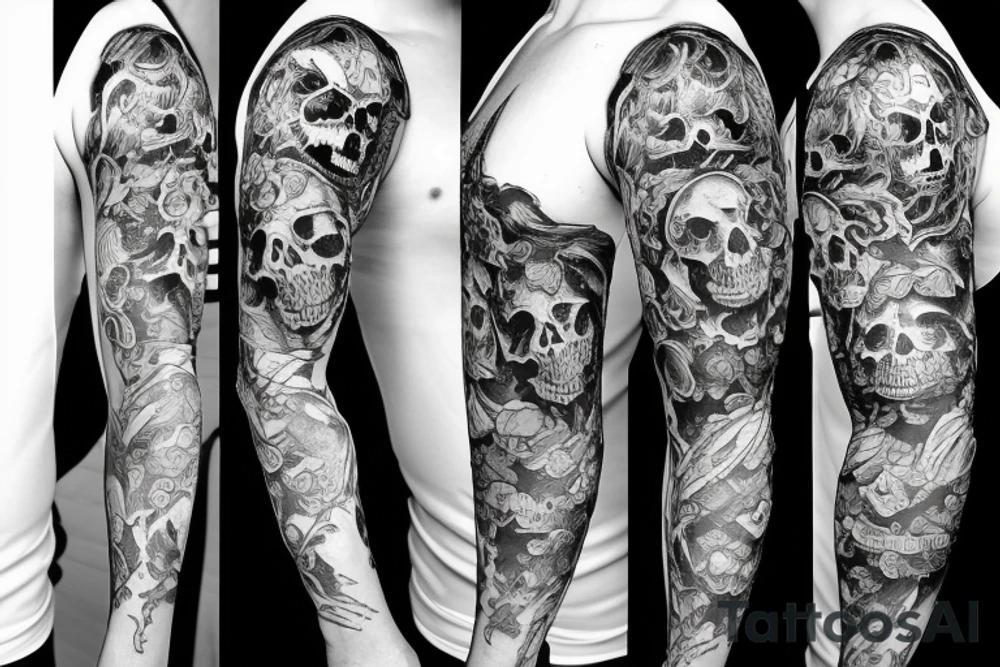 sleeve tattoo with a mean looking skull and smoke around it tattoo idea