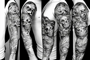 sleeve tattoo with a mean looking skull and smoke around it tattoo idea