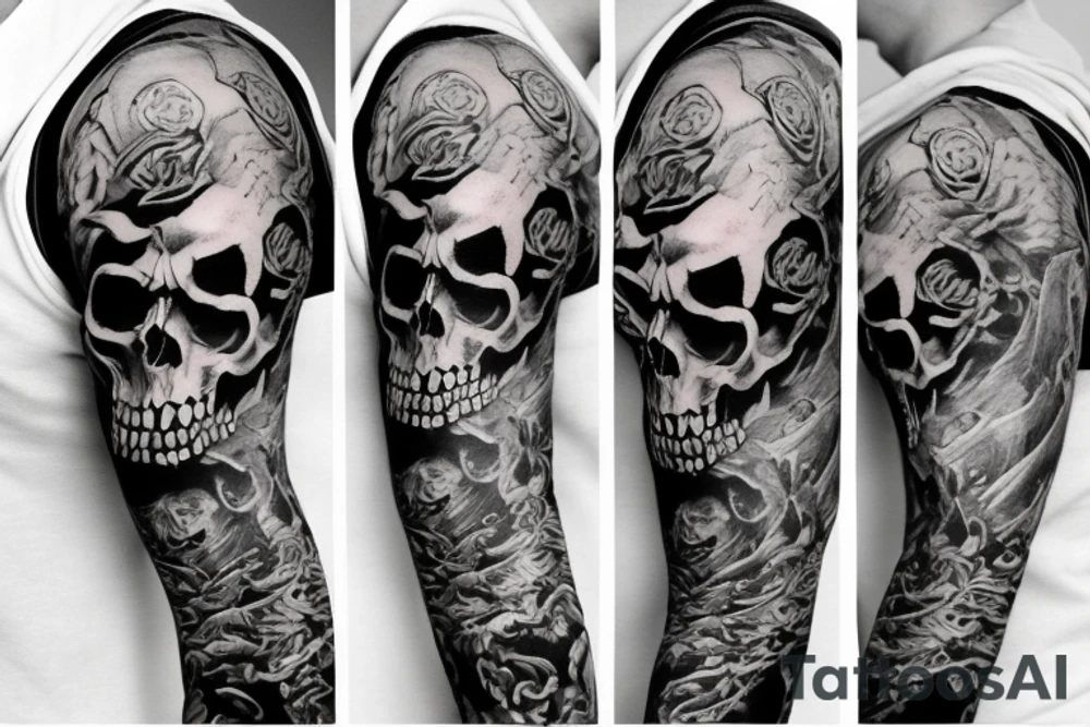 sleeve tattoo with a mean looking skull and smoke around it tattoo idea