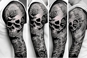 sleeve tattoo with a mean looking skull and smoke around it tattoo idea