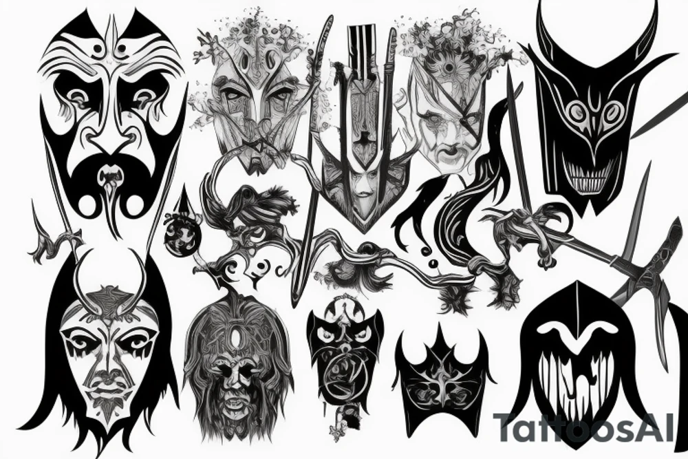 Theatre mask, lord of the rings, sword tattoo idea
