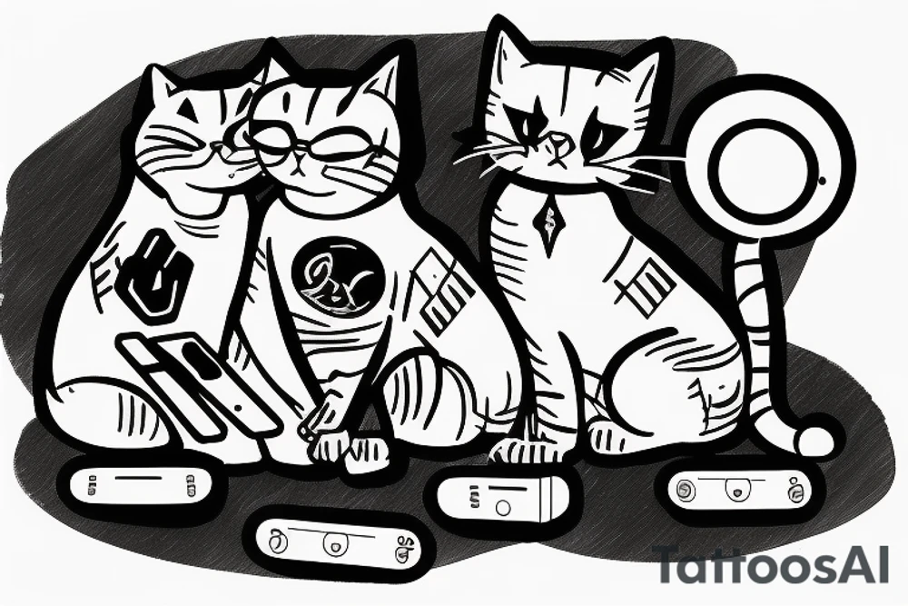 two feline friends on a couch playing video games tattoo idea