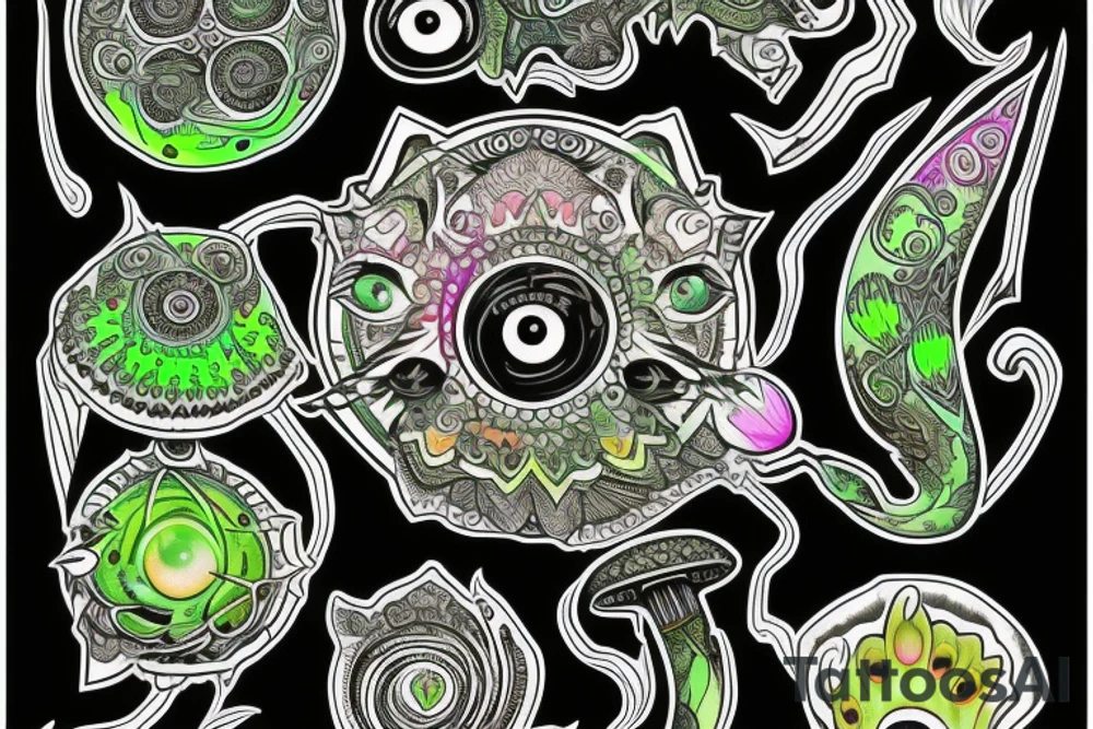 black feline with bright green eyes. psychedelic mushrooms and crystals around him. tattoo idea