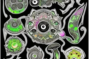 black feline with bright green eyes. psychedelic mushrooms and crystals around him. tattoo idea