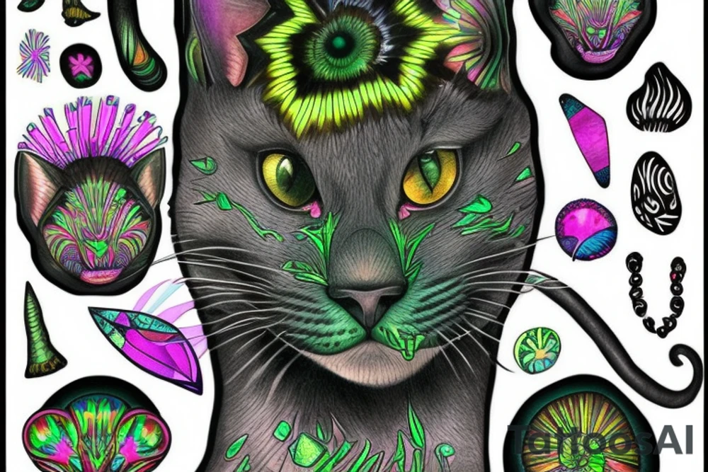 black feline with bright green eyes. psychedelic mushrooms and crystals around him. tattoo idea