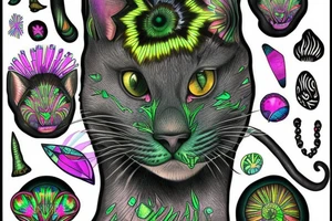 black feline with bright green eyes. psychedelic mushrooms and crystals around him. tattoo idea