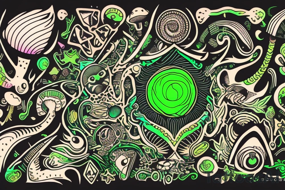black feline with bright green eyes. psychedelic mushrooms and crystals around him. tattoo idea