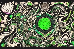 black feline with bright green eyes. psychedelic mushrooms and crystals around him. tattoo idea