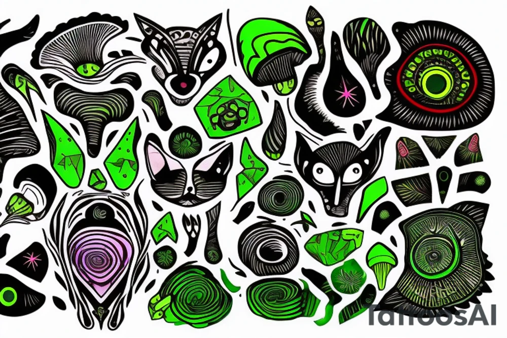 black feline with bright green eyes. psychedelic mushrooms and crystals around him. tattoo idea