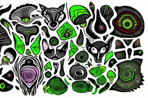 black feline with bright green eyes. psychedelic mushrooms and crystals around him. tattoo idea