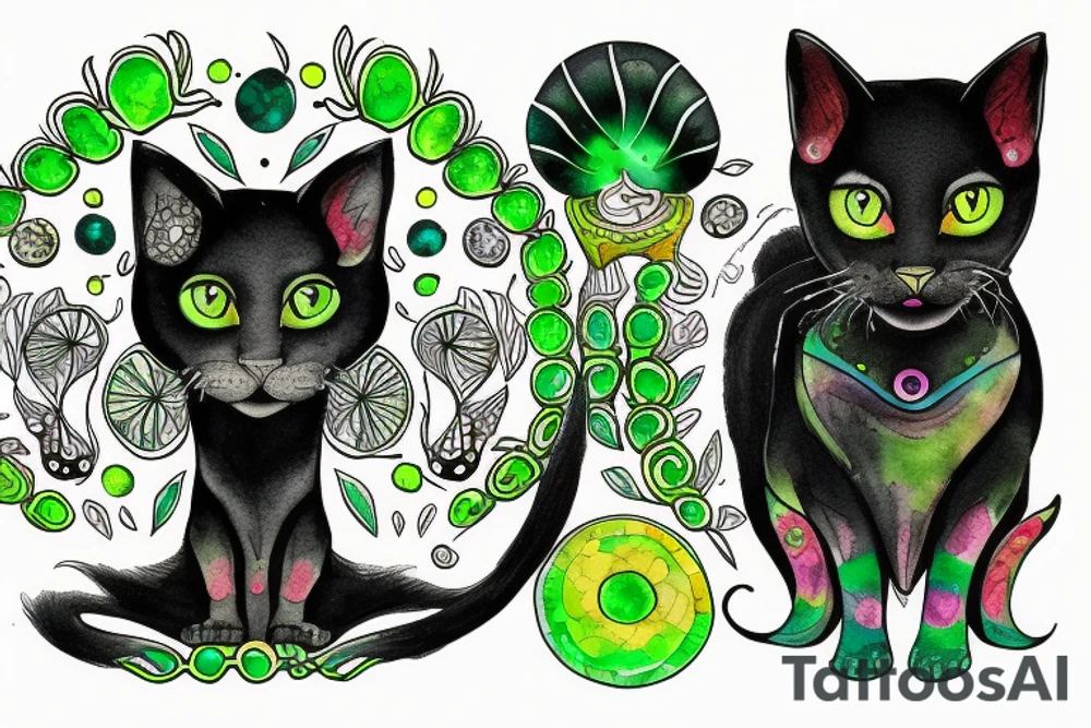 black feline with bright green eyes. psychedelic mushrooms and crystals around him. tattoo idea