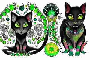 black feline with bright green eyes. psychedelic mushrooms and crystals around him. tattoo idea