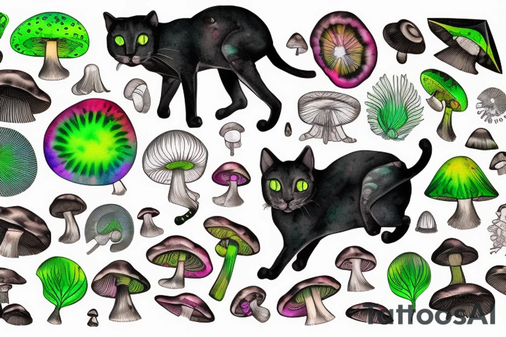 black feline with bright green eyes. psychedelic mushrooms and crystals around him. tattoo idea