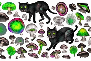 black feline with bright green eyes. psychedelic mushrooms and crystals around him. tattoo idea