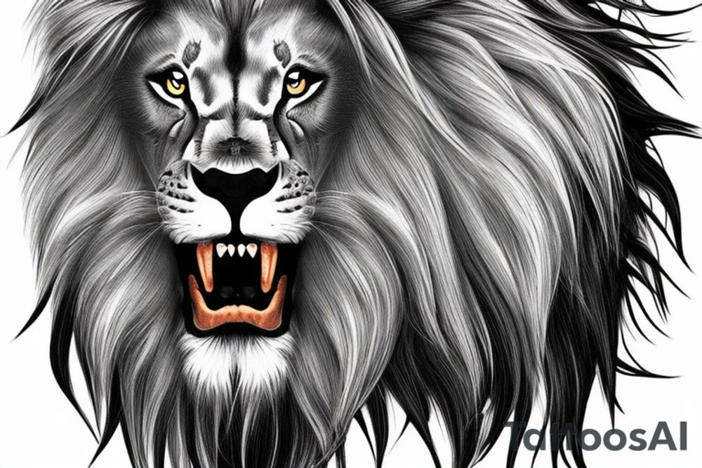 natural realistic lion head straight with fierce eyes with a lot of fur tattoo idea