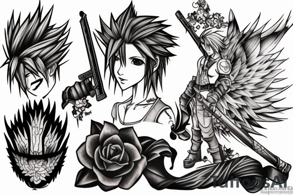 (((tattoo))), cloud strife, tattoo, artwork , clean, lines, drawing, high quality, black, soft lighting, tattoo idea
