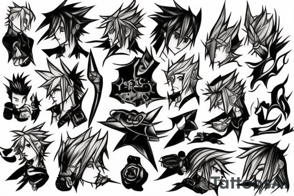 cloud strife, tattoo, artwork, clean, lines, drawing, high quality, black, soft lighting, tattoo idea