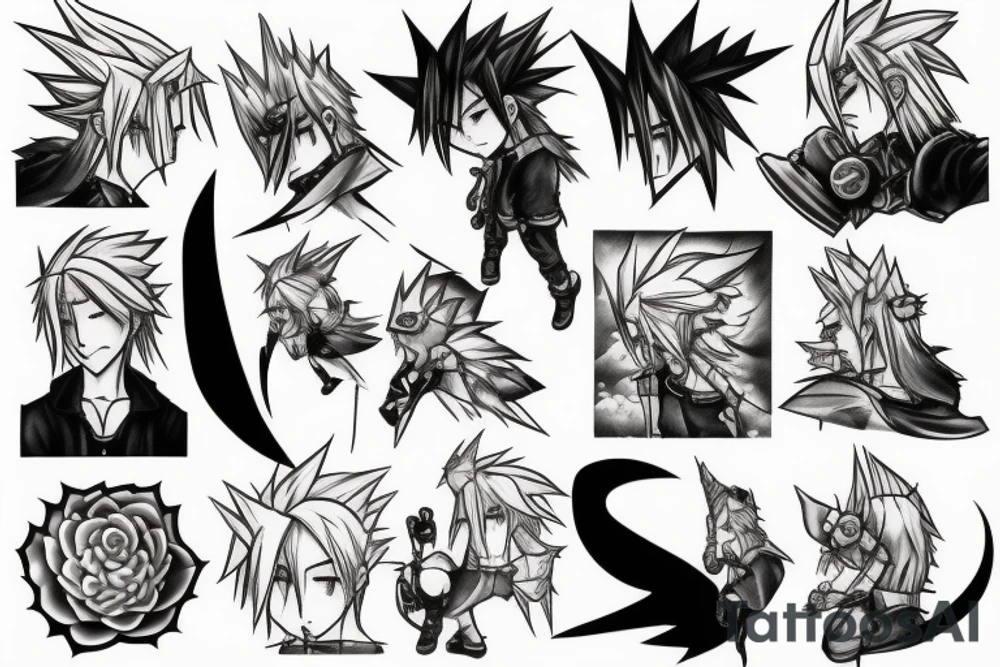 cloud strife, tattoo, artwork, clean, lines, drawing, high quality, black, soft lighting, tattoo idea