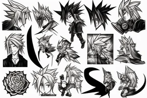 cloud strife, tattoo, artwork, clean, lines, drawing, high quality, black, soft lighting, tattoo idea