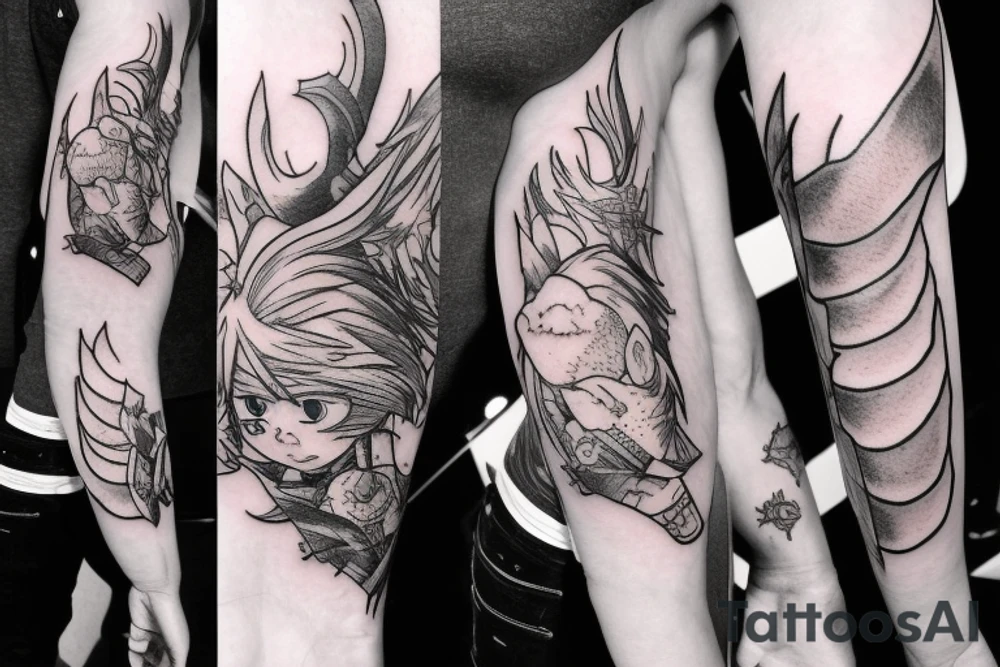 cloud strife, tattoo sleeve, artwork, clean, lines, drawing, high quality, black, soft lighting, tattoo idea