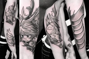 cloud strife, tattoo sleeve, artwork, clean, lines, drawing, high quality, black, soft lighting, tattoo idea