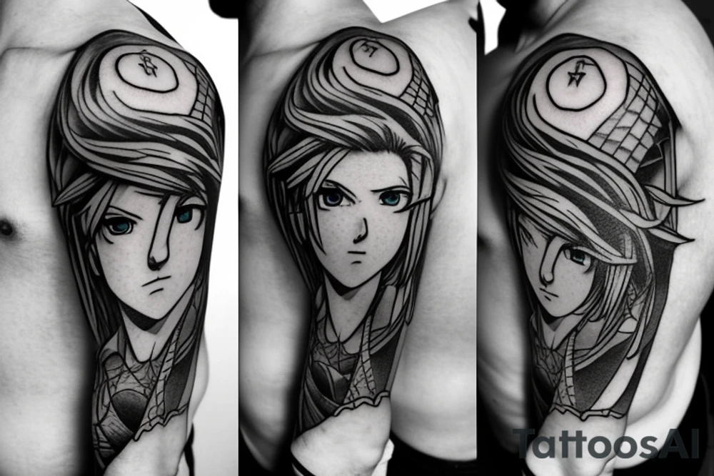 cloud strife, tattoo sleeve, artwork, clean, lines, drawing, high quality, black, soft lighting, tattoo idea