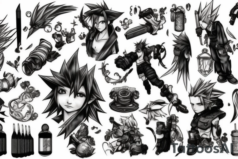 final fantasy VII, tattoo sleeve, artwork, clean, lines, drawing, high quality, black, soft lighting, tattoo idea