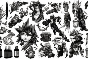 final fantasy VII, tattoo sleeve, artwork, clean, lines, drawing, high quality, black, soft lighting, tattoo idea