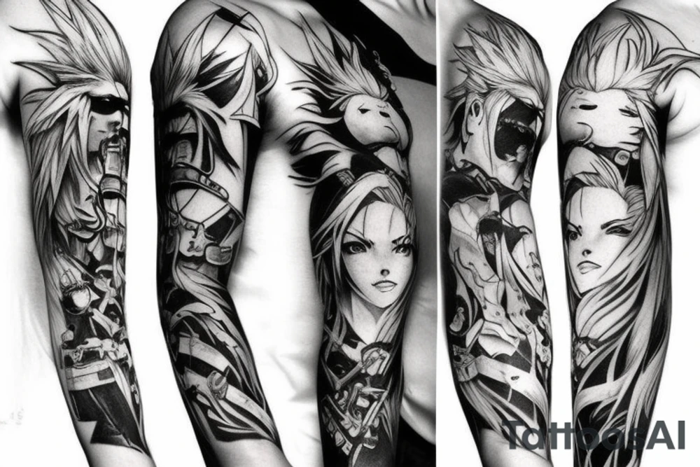 final fantasy VII, tattoo sleeve, artwork, clean, lines, drawing, high quality, black, soft lighting, tattoo idea