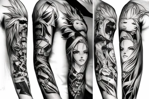 final fantasy VII, tattoo sleeve, artwork, clean, lines, drawing, high quality, black, soft lighting, tattoo idea