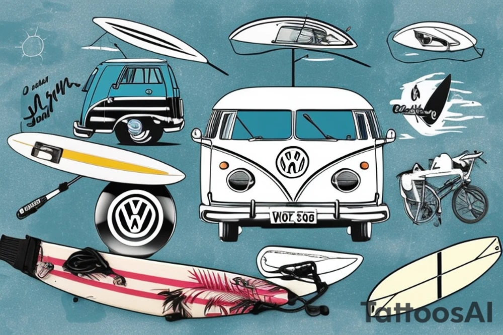 Volkswagen t4 camper with surf board leaning on side, palms, beufitull sky tattoo idea