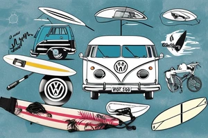 Volkswagen t4 camper with surf board leaning on side, palms, beufitull sky tattoo idea