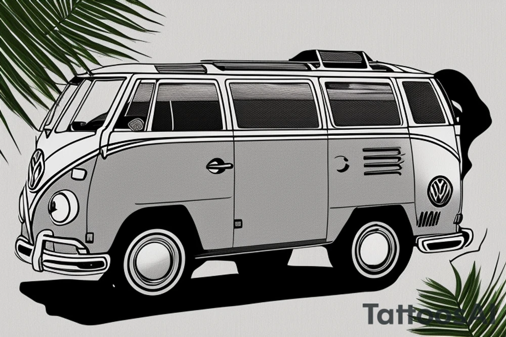 Volkswagen t4 camper with surf board leaning on side, palms, beufitull sky tattoo idea