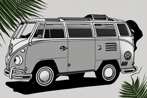 Volkswagen t4 camper with surf board leaning on side, palms, beufitull sky tattoo idea