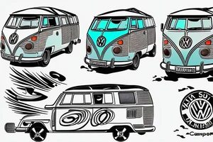 Volkswagen t5 camper with surf board leaning on side, palms, beufitull sky tattoo idea