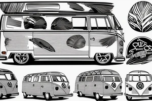 Volkswagen t5 camper with surf board leaning on side, palms, beufitull sky tattoo idea