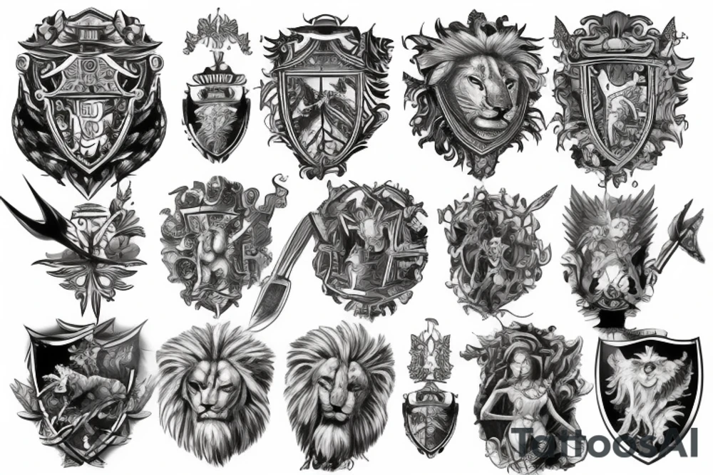 Shoulder and arm manga-style tattoo design of Britannia with lion, shield, and trident tattoo idea