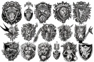 Shoulder and arm manga-style tattoo design of Britannia with lion, shield, and trident tattoo idea