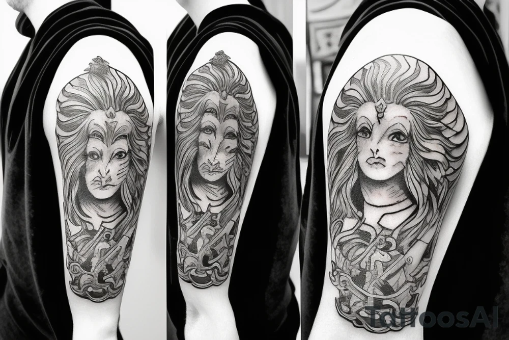 Shoulder and arm manga-style tattoo design of Britannia with lion, shield, and trident tattoo idea