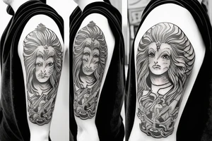 Shoulder and arm manga-style tattoo design of Britannia with lion, shield, and trident tattoo idea