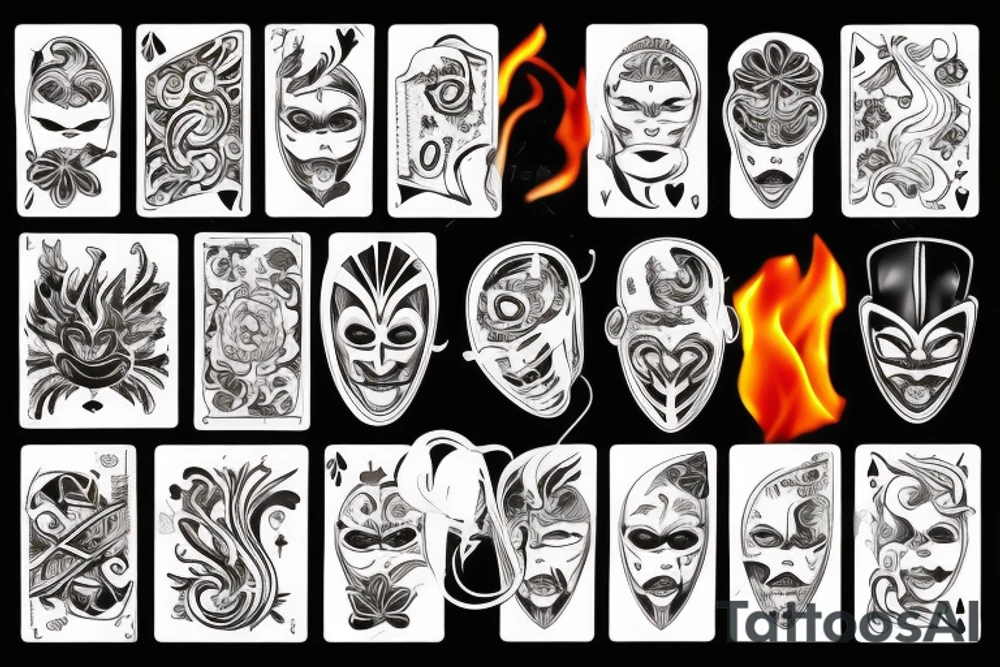mask with cigarette and burning cards tattoo idea