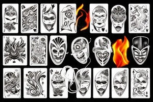 mask with cigarette and burning cards tattoo idea
