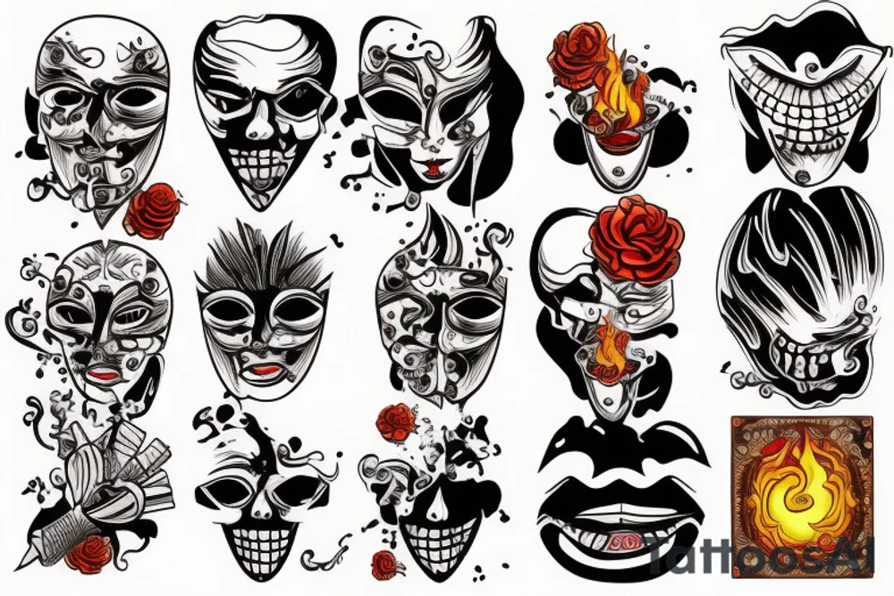 mask with cigarette and burning cards tattoo idea
