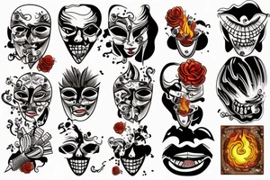 mask with cigarette and burning cards tattoo idea